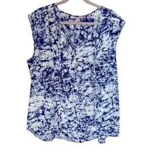 Juicy Couture | Blue White Tie Dye Cap Sleeve V-Neck Beaded Blouse, XL